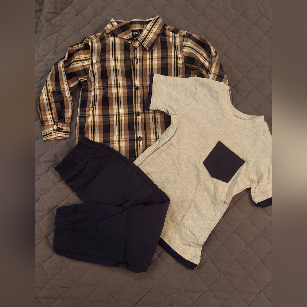 Plaid Button-Up Shirt and Pocket Tee with Pants